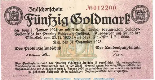 Kiel , 50 Gold Mark Notgeld Schein in kfr. Müller 2780.3 von 1923 , Wertbeständiges Notgeld