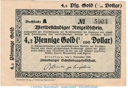 Flensburg , 4,2 Pfennig Gold Notgeld Schein in kfr. Müller 1665.1 von 1923 , Wertbeständiges Notgeld