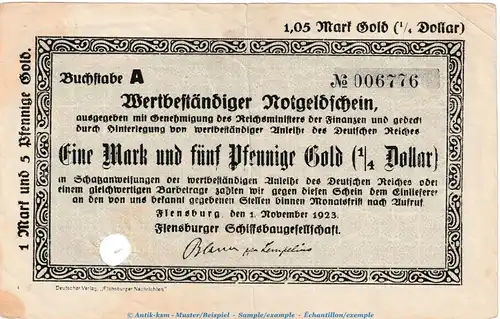 Flensburg , 1,05 Mark Gold Notgeld Schein in gbr.E , Müller 1665.10 von 1923 , Wertbeständiges Notgeld