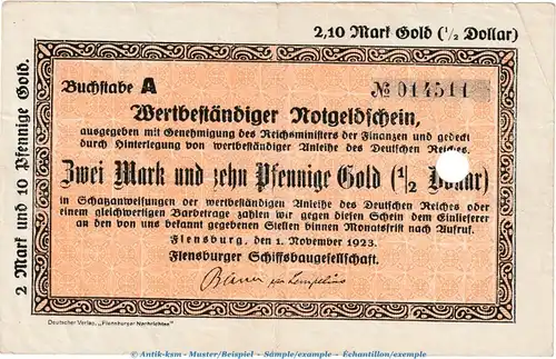 Flensburg , 2,10 Mark Gold Notgeld Schein in gbr.E , Müller 1665.11 von 1923 , Wertbeständiges Notgeld