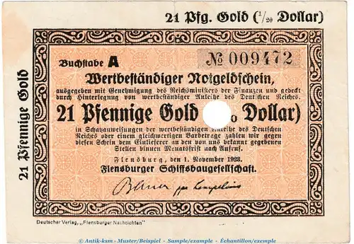 Flensburg , 21 Pfennig Gold Notgeld Schein in L-gbr.E , Müller 1665.2 von 1923 , Wertbeständiges Notgeld