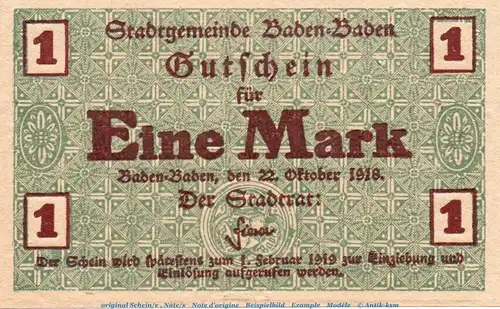 Banknote Stadt Baden-Baden , 1 Mark Schein in kfr. Geiger 026.01 , von 1918 , Baden Großnotgeld