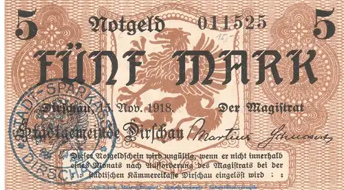 Dirschau , Notgeld 5 Mark Schein in kfr. Geiger 104.03 von 1918 , Westpreussen Grossnotgeld