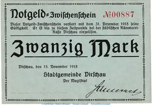 Dirschau , 20 Mark Notgeld Schein in kfr. Geiger 104.02.b von 1918 , Westpreussen Grossnotgeld