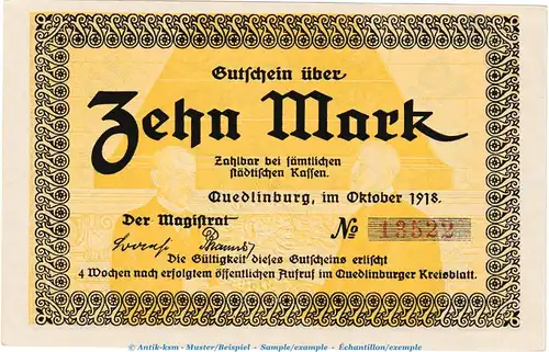 Quedlinburg , Notgeld 10 Mark Schein in kfr. Geiger 430.02.a von 1918 , Sachsen Anhalt Grossnotgeld
