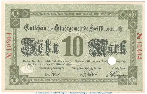 Heilbronn , 10 Mark Notgeld Schein KN rot in kfr.E , Geiger 228.04.c von 1918 , Württemberg Grossnotgeld