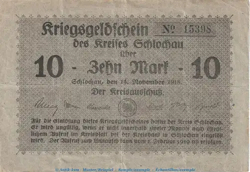 Schlochau , 10 Mark Notgeld Schein in gbr. Geiger 475.02.c von 1918 , Westpreussen Grossnotgeld