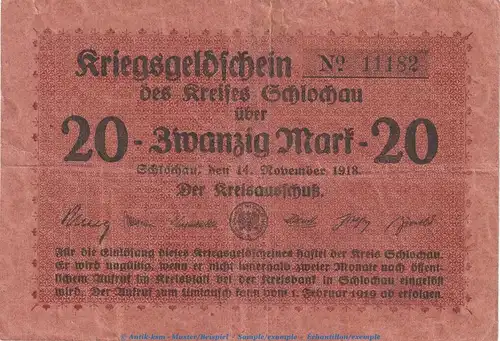 Schlochau , 20 Mark Notgeld Schein in gbr. Geiger 475.03.b von 1918 , Westpreussen Grossnotgeld