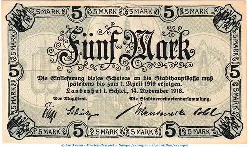 Landeshut , 5 Mark Notgeld Schein in gbr. Geiger 306.01 von 1918 , Schlesien Grossnotgeld