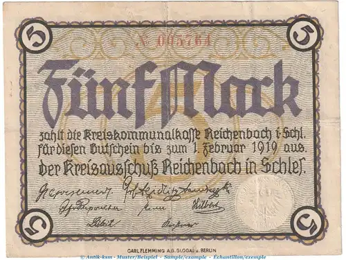 Reichenbach , 5 Mark Notgeld Schein in gbr. Geiger 441.01 o.D. Schlesien Grossnotgeld