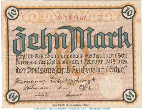 Reichenbach , 10 Mark Notgeld Schein in gbr. Geiger 441.02 o.D. Schlesien Grossnotgeld
