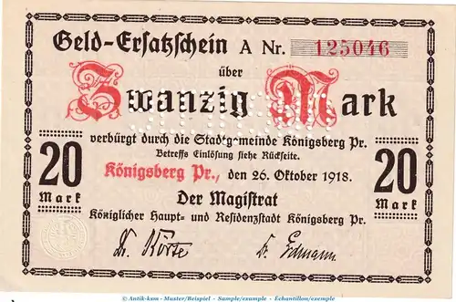 Königsberg , 20 Mark Notgeld Schein in kfr.E , Geiger 287.06 von 1918 , Ostpreussen Grossnotgeld