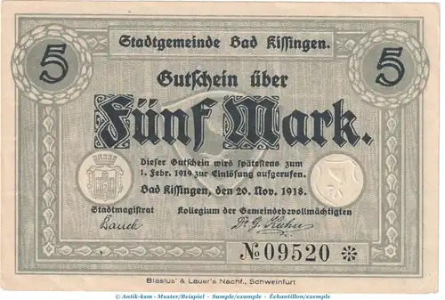 Kissingen - Bad , Notgeld 5 Mark Schein in kfr. Geiger 272.01 von 1918 , Bayern Grossnotgeld