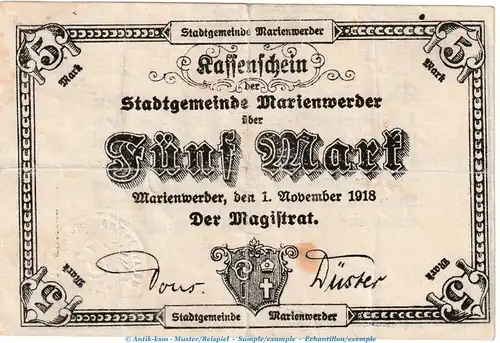 Marienwerder , 5 Mark Notgeld Schein in gbr. Geiger 350.2 von 1918 , Westpreussen Grossnotgeld