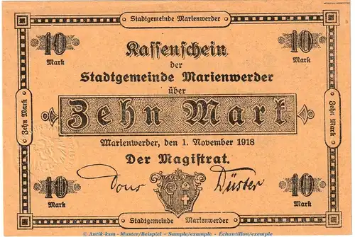 Marienwerder , 10 Mark Notgeld Schein in kfr. Geiger 350.03 von 1918 , Westpreussen Grossnotgeld