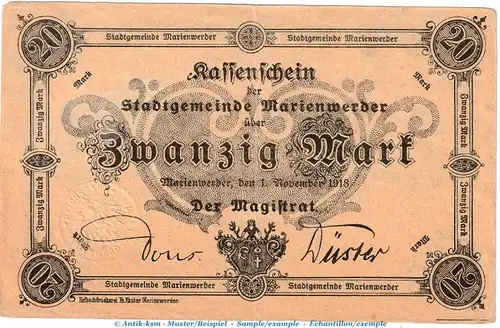 Marienwerder , 20 Mark Notgeld Schein in gbr. Geiger 350.04 von 1918 , Westpreussen Grossnotgeld