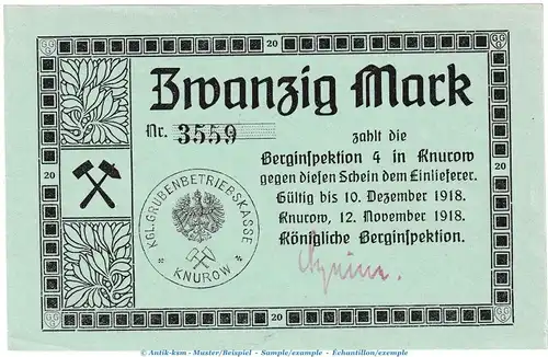 Knurow , 20 Mark Notgeld Schein in kfr. Geiger 278.01 von 1918 , Schlesien Grossnotgeld