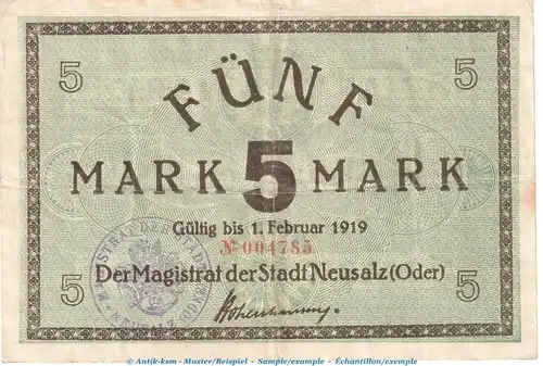 Neusalz , 5 Mark Notgeld Schein in gbr. Geiger 376.02 o.D. Schlesien Grossnotgeld