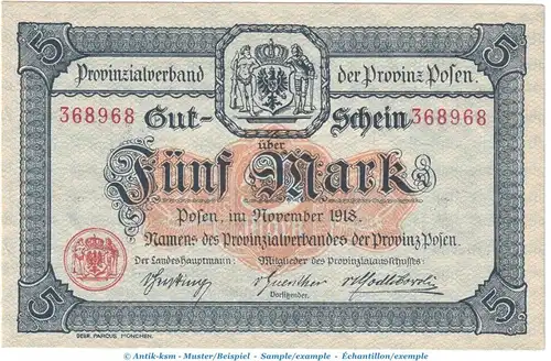 Posen , 5 Mark Notgeld Schein in kfr. Geiger 422.01 von 1918 , Posen Grossnotgeld