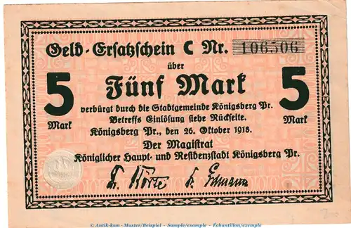 Königsberg , 5 Mark Notgeld Schein in kfr. Geiger 287.02 von 1918 , Ostpreussen Grossnotgeld