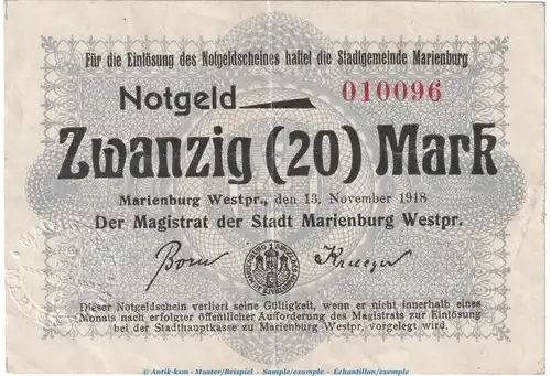 Marienburg , 20 Mark Notgeld Schein in gbr. Geiger 347.03.e von 1918 , Westpreussen Grossnotgeld