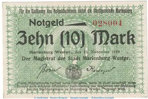 Marienburg , 10 Mark Notgeld Schein in kfr.E ,  Geiger 347.02.c von 1918 , Westpreussen Grossnotgeld