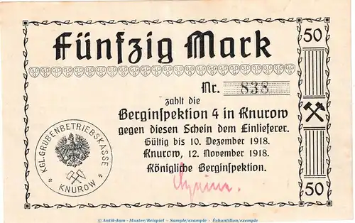 Knurow , 50 Mark Notgeld Schein in f-kfr. Geiger 278.02 von 1918 , Schlesien Grossnotgeld