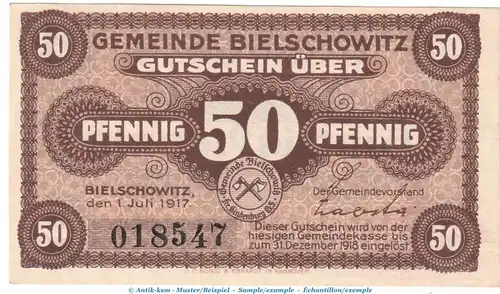 Bielschowitz , Notgeld 25 Pfennig Schein in kfr. Tieste 0625.05.16 , Verkehrsausgabe 1917 Schlesien