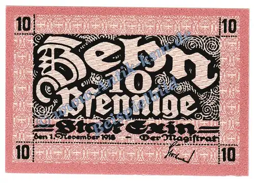 Exin , Notgeld 10 Pfennig Schein in kfr. Tieste 1830.05.55 , Posen 1918 Verkehrsausgabe