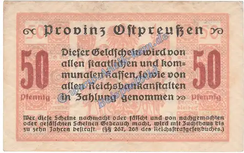 Königsberg , Notgeld 50 Pfennig Schein in kfr. Tieste 3595.20.35 , Ostpreussen 1918 Verkehrsausgabe