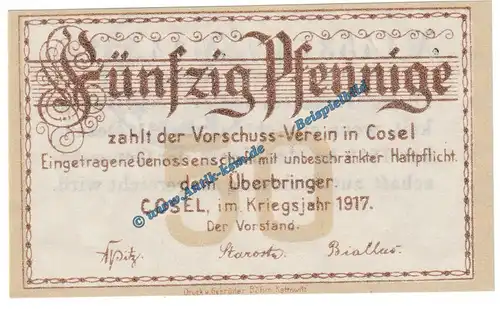 Cosel , Notgeld 50 Pfennig Schein in kfr. Tieste 1205.10.35 , Verkehrsausgabe 1917 Schlesien