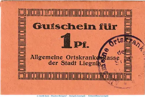 Liegnitz AOK Tieste 4080.05.100 , Notgeld 1 Pfennig Schein in kfr. o.D. Schlesien Verkehrsausgabe