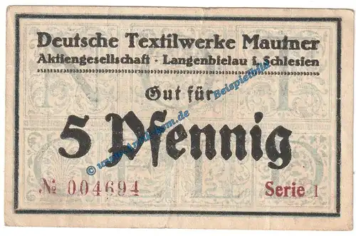 Langenbielau , Notgeld 5 Pfennig Schein in gbr. Tieste 3860.05.10 , Verkehrsausgabe o.D. Schlesien