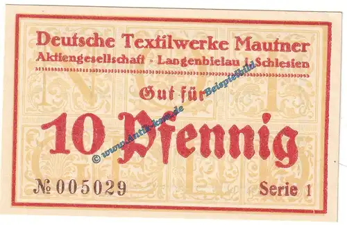 Langenbielau , Notgeld 10 Pfennig Schein in kfr. Tieste 3860.05.11 , Verkehrsausgabe o.D. Schlesien