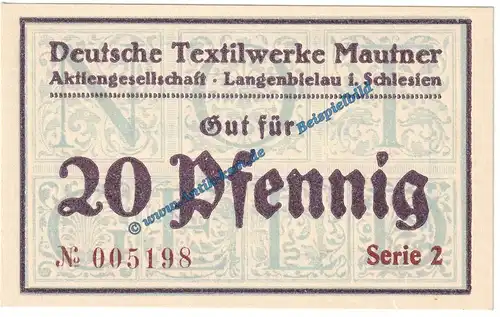 Langenbielau , Notgeld 20 Pfennig Schein in kfr. Tieste 3860.05.20 , Verkehrsausgabe o.D. Schlesien