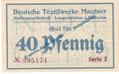 Langenbielau , Notgeld 40 Pfennig Schein in kfr. Tieste 3860.05.22 , Verkehrsausgabe o.D. Schlesien