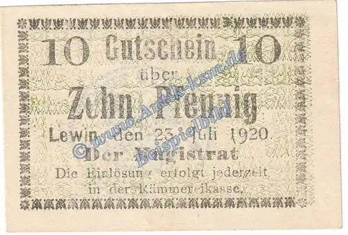 Lewin , Notgeld 10 Pfennig Schein in kfr. Tieste 4030.05.15 , Schlesien 1920 Verkehrsausgabe