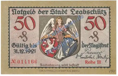 Leobschütz , Notgeld 50 Pfennig Schein in kfr. Tieste 4020.05.28 , Schlesien o.D. Verkehrsausgabe