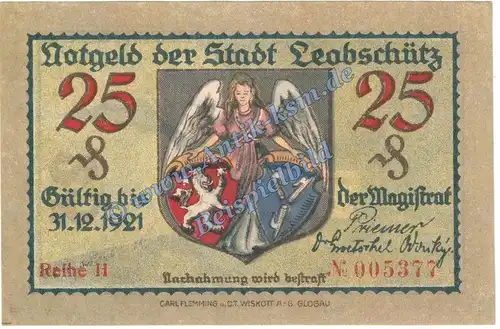 Leobschütz , Notgeld 25 Pfennig Schein in kfr. Tieste 4020.05.22 , Schlesien o.D. Verkehrsausgabe