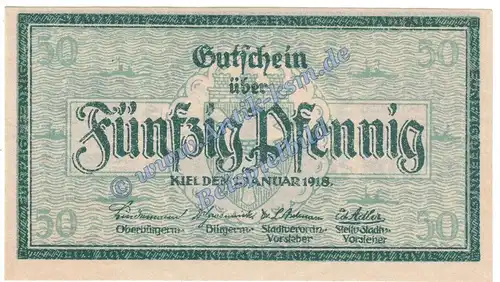 Kiel , Notgeld 50 Pfennig -Grasmück- in kfr. Tieste 3470.40.15 , Schleswig Holstein 1918 Verkehrsausgabe