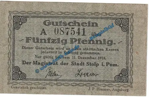 Stolp , Notgeld 50 Pfennig Schein in kfr. Tieste 7160.05.01 , Verkehrsausgabe o.D. Pommern