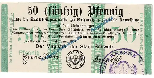 Schwetz , Notgeld 50 Pfennig Schein in kfr. Tieste 6800.05.20 , Verkehrsausgabe 1917 Westpreussen