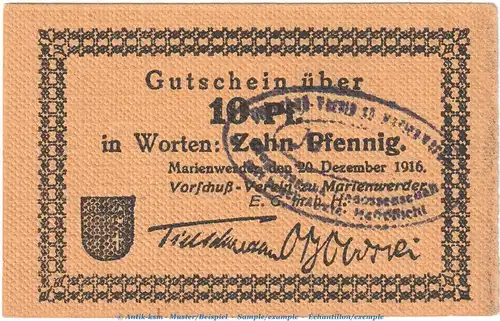 Marienwerder Tieste 4390.20.05 , Notgeld 10 Pfennig Schein in kfr. von 1916 , Westpreussen Verkehrsausgabe