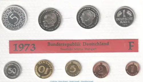 Kursmünzensatz Deutschland -KMS mit 9 Münzen Stuttgart- 1973 F , pp , J.180 Bundesrepublik