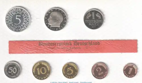 Kursmünzensatz Deutschland -KMS mit 8 Münzen Karlsruhe- 1971 G , pp , J.180 Bundesrepublik
