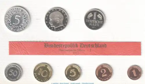 Kursmünzensatz Deutschland -KMS mit 8 Münzen Hamburg- 1971 J , pp , J.180 Bundesrepublik