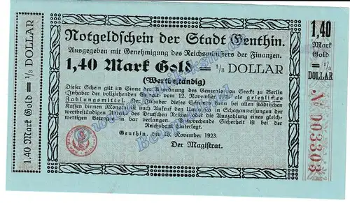 Genthin , Banknote 1,40 Mark Gold Schein in f-kfr. Müller 1865.7 Wertbeständig 1923 Sachsen Anhalt