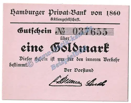 Hamburg , Banknote 1 Gold Mark -o.PS- in kfr. Müller 2360.2.b Wertbeständig 1923 Hamburg