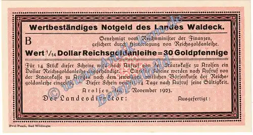 Arolsen , Banknote 30 Gold Pfennig Schein in kfr. Müller 0110.2.c Wertbeständig 1923 Hessen