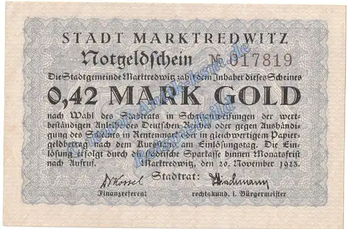 Marktredwitz , Banknote 42 Gold Pfennig Schein in kfr. Müller 3250.1 Wertbeständig 1923 Bayern